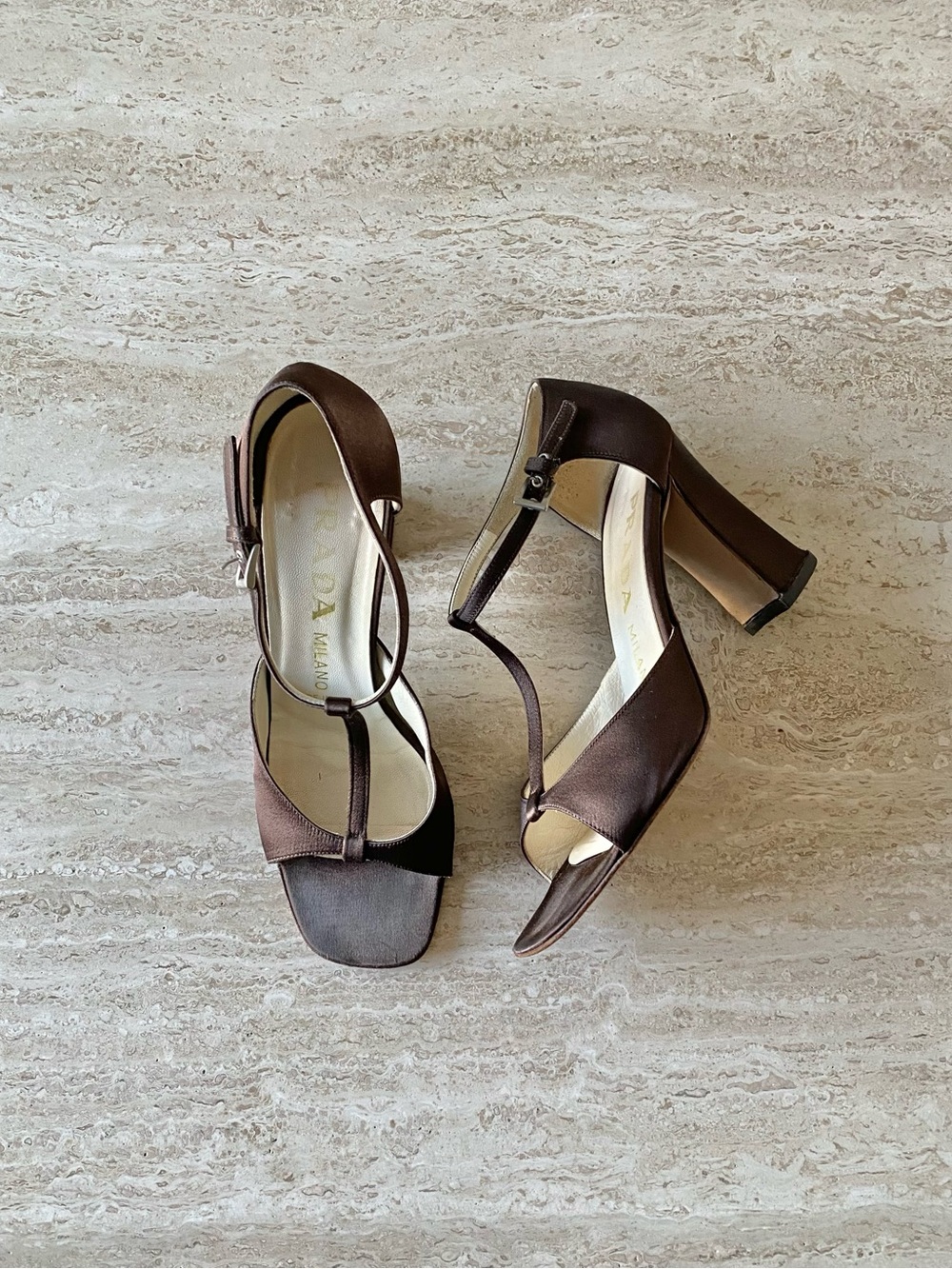 Vintage Prada Satin T-strap Block Heel Sandals - Picture 2 of 9